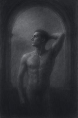 a black and white photo of a naked man