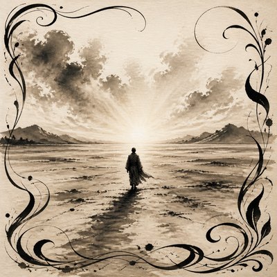 a solitary figure walking toward a glowing horizon across an empty plain, moody atmosphere, no text or lettering