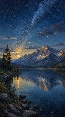 a tranquil mountain lake beneath a starry night sky, no people, no text