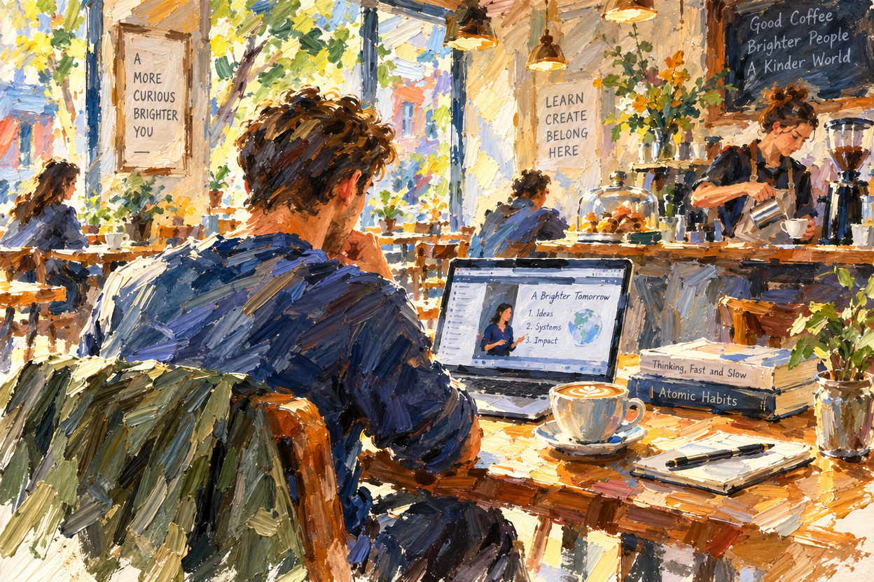a painting of a woman sitting at a table in front of a laptop