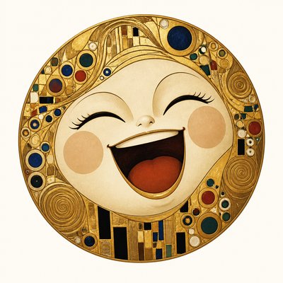 an exaggerated laughing face of an original round mascot character, bold and readable at small size, plain background, no text
