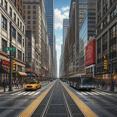 urban street with city activity — One-Point Perspective Art Style