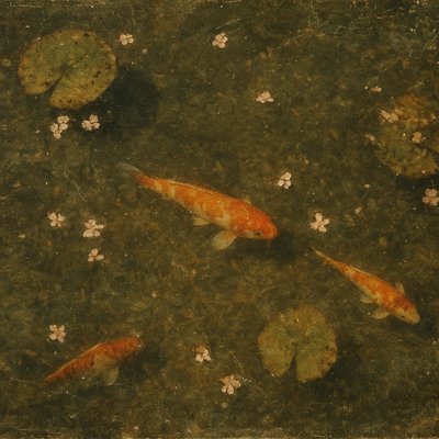 A koi pond seen from above, orange and white koi fish swimming among lily pads, clear water with subtle ripples, fallen cherry blossom petals floating on the surface, dappled sunlight