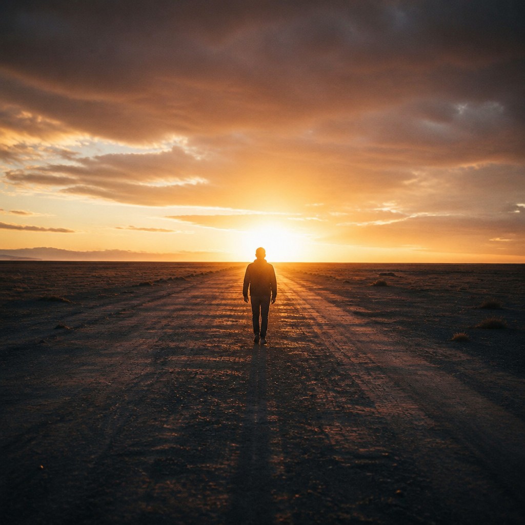 a solitary figure walking toward a glowing horizon across an empty plain, moody atmosphere, no text or lettering