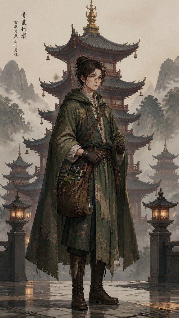 full-body original character: a wandering botanist with a satchel of plants, a patched green cloak, tall boots and round glasses, neutral background