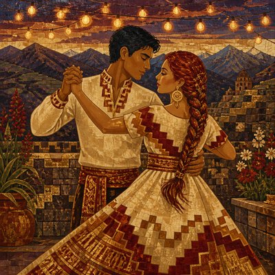 an original couple dancing under string lights in a garden at dusk: a man with short black hair in a linen shirt and a woman with braided red hair in a summer dress