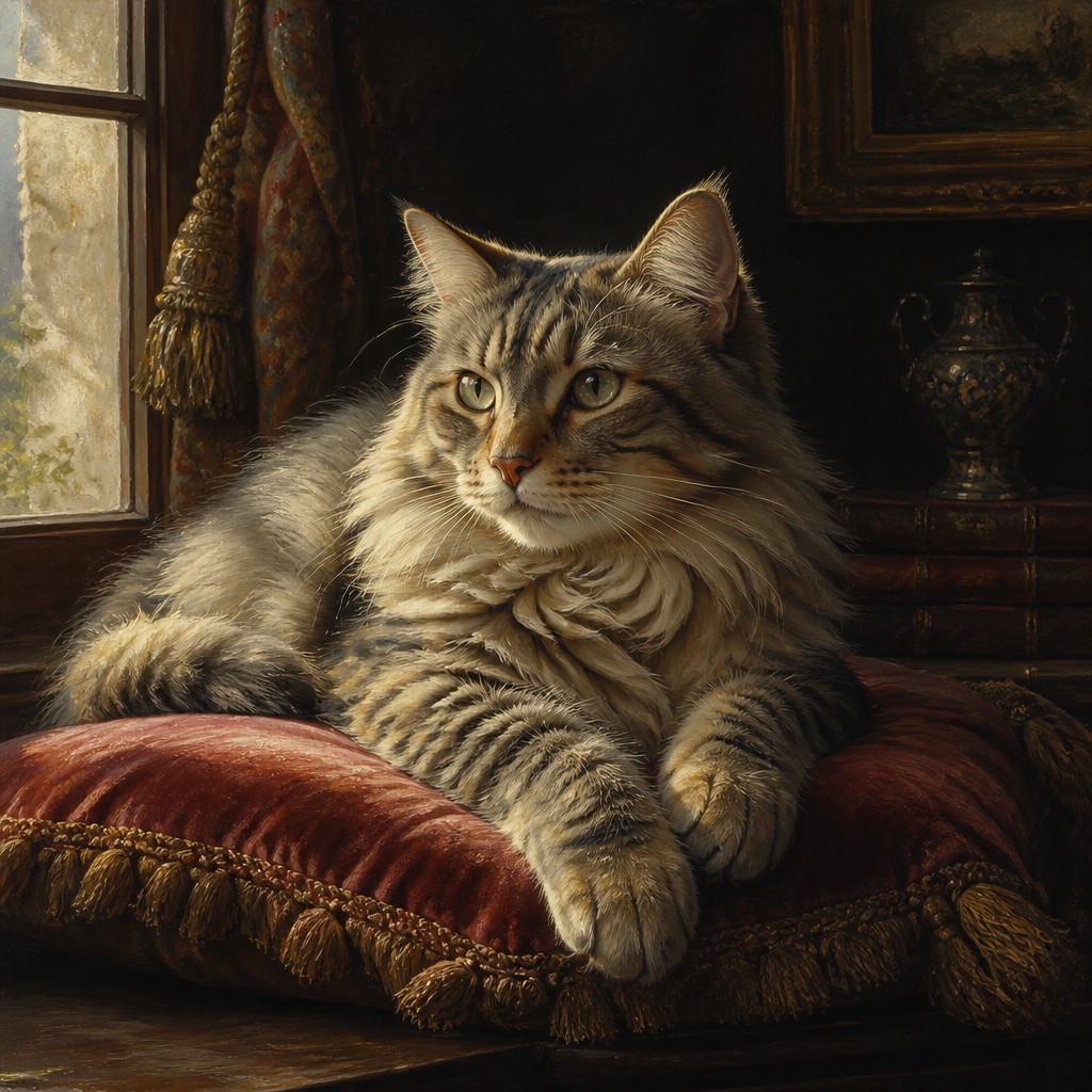 a cat lounging in a sunlit window — Classic Pet Portrait Art Style