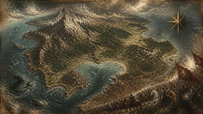 a map of an island realm with mountains, forests, a sheltered bay, sea monsters in the water and a compass rose, no text labels