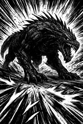 a black and white drawing of a godzilla