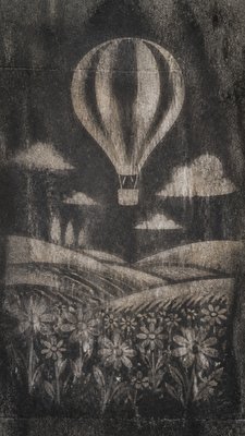 a hot air balloon drifting over rolling flower fields on a sunny day, cheerful, no text