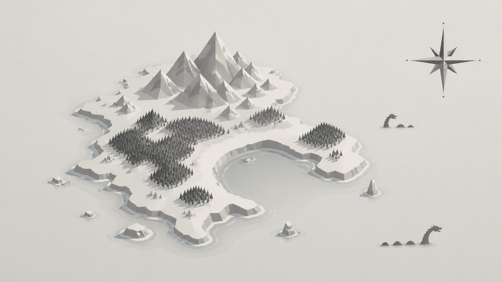 a map of an island realm with mountains, forests, a sheltered bay, sea monsters in the water and a compass rose, no text labels