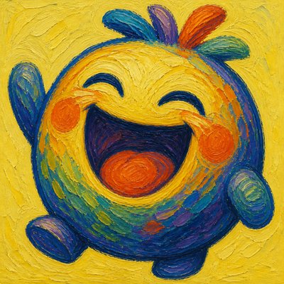 an exaggerated laughing face of an original round mascot character, bold and readable at small size, plain background, no text