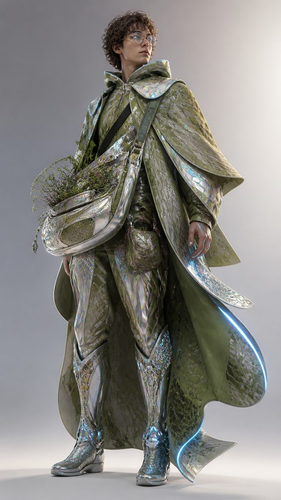 full-body original character: a wandering botanist with a satchel of plants, a patched green cloak, tall boots and round glasses, neutral background
