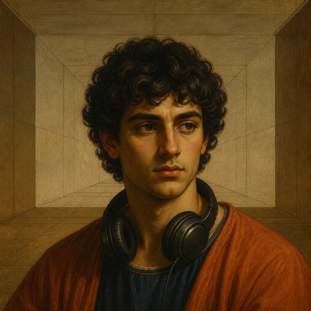 head-and-shoulders portrait of an original character: a young man with curly dark hair and headphones around his neck, plain backdrop, no text