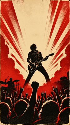 a live music scene with a glowing stage and silhouetted crowd, energetic vertical composition with open space at the top, no text