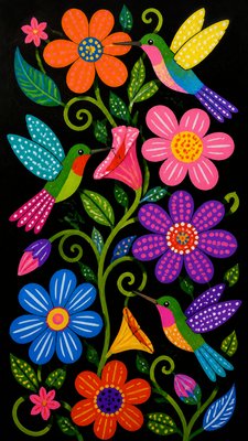 a climbing vine of flowers and hummingbirds on a dark background, tall wrapping composition, no text