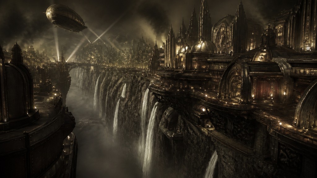 a cliffside city with waterfalls cascading into a misty canyon, wide establishing shot, no people, no text