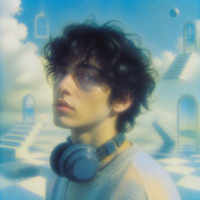 head-and-shoulders portrait of an original character: a young man with curly dark hair and headphones around his neck, plain backdrop, no text