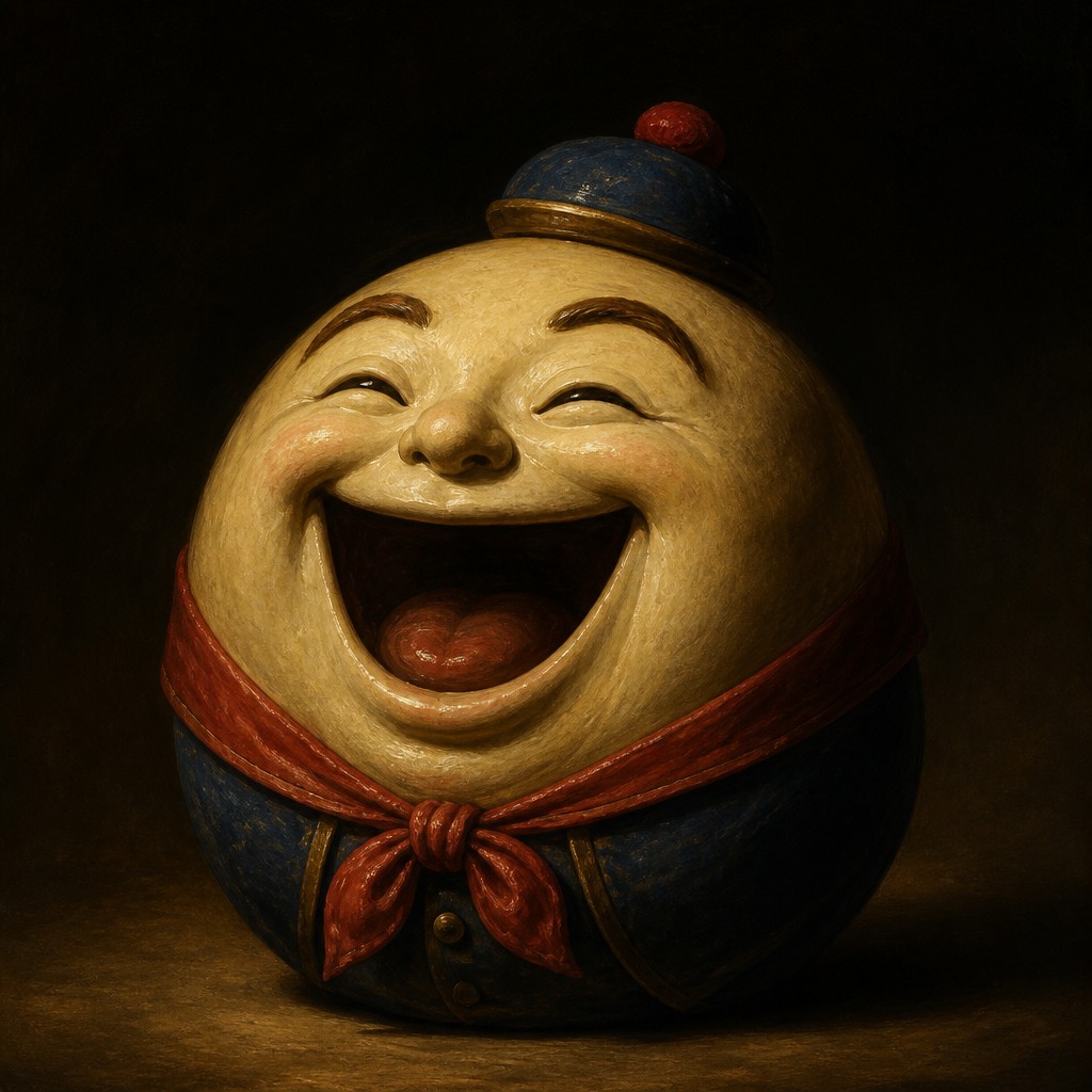 an exaggerated laughing face of an original round mascot character, bold and readable at small size, plain background, no text
