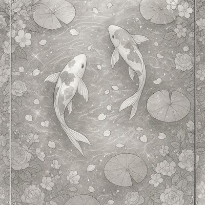 A koi pond seen from above, orange and white koi fish swimming among lily pads, clear water with subtle ripples, fallen cherry blossom petals floating on the surface, dappled sunlight