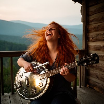 Cinematic Documentary Photography, Warm Analog Film Grain, Golden Hour Backlighting. A high-energy, joyful shot of a young Appalachian woman with a mane of long, fiery red hair playing a dobro resonator guitar on a weathered log cabin porch.

The Action & "Lively" Feel: She is seated with the guitar flat across her lap, caught in a moment of pure musical passion, her head tilted back in a laugh. Her long red hair is swirling around her face, catching the orange sunset light like glowing copper.

The Slide Detail: Her left hand is firmly gripping a heavy, polished chrome steel tone bar (slide), gliding it masterfully across the strings. The bar is a focal point, catching a brilliant glint of sunlight as it creates a soulful, sliding resonance. Her right hand is a blur of motion, using metal fingerpicks to pluck the strings near the bridge.

The Environment: The dobro's signature round metal resonator plate reflects the rustic porch and the sky. In the background, the hazy, rolling blue ridges of the Appalachian mountains stretch toward a soft, dusky horizon. The atmosphere is rustic, authentic, and vibrating with sound.