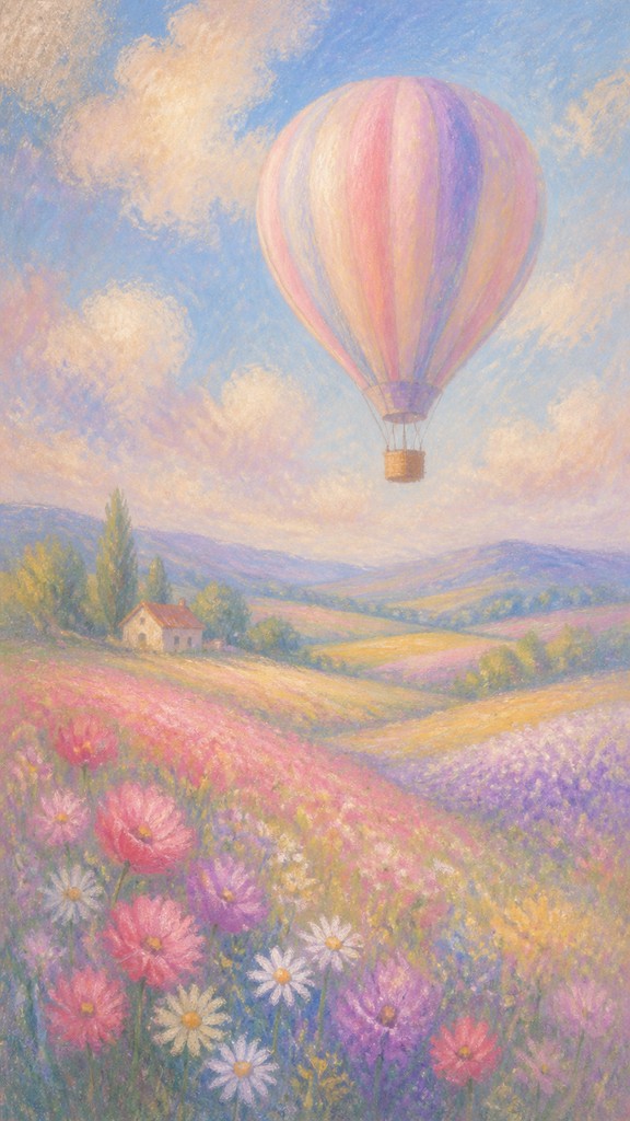 a hot air balloon drifting over rolling flower fields on a sunny day, cheerful, no text