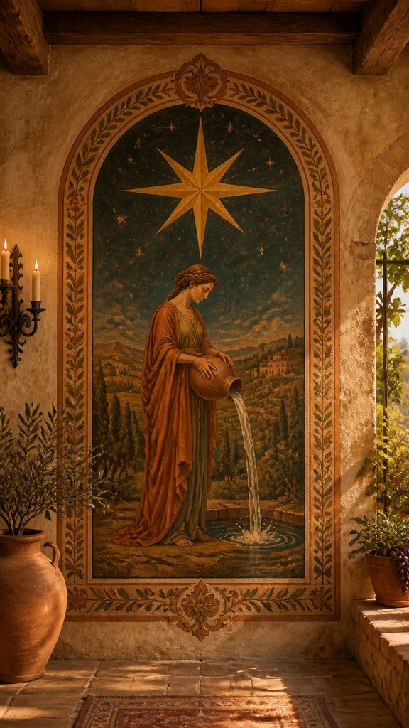 a robed figure pouring water beneath a large eight-pointed star in a night sky, symmetrical composition with an ornate decorative border, no text