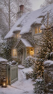 a snow-covered cottage with warm glowing windows beside a decorated pine tree, gentle snowfall, no text