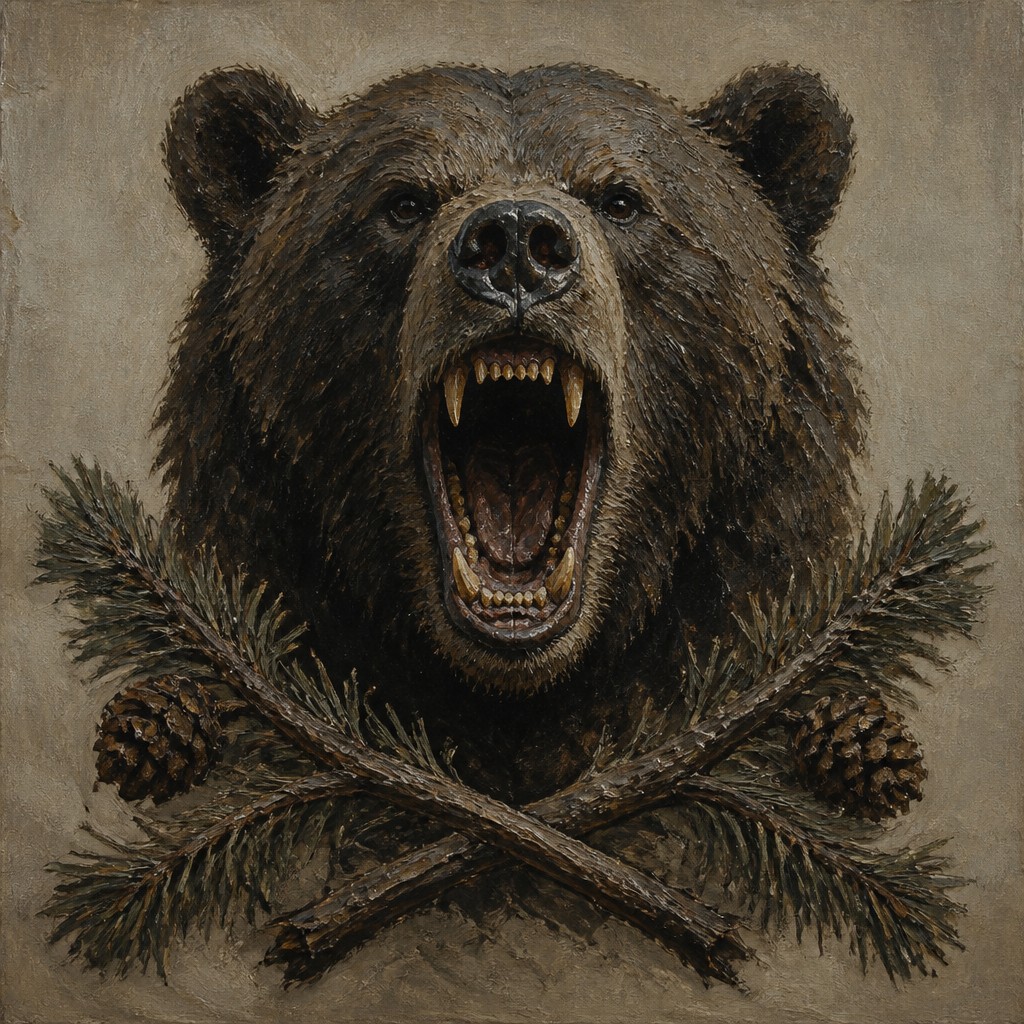 a roaring bear head above crossed pine branches, bold graphic composition on a plain background, no text