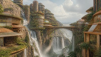 a cliffside city with waterfalls cascading into a misty canyon, wide establishing shot, no people, no text