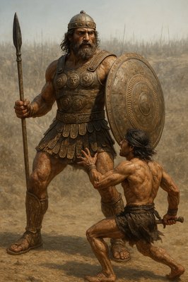 a painting of a man with a spear and a man with a shield