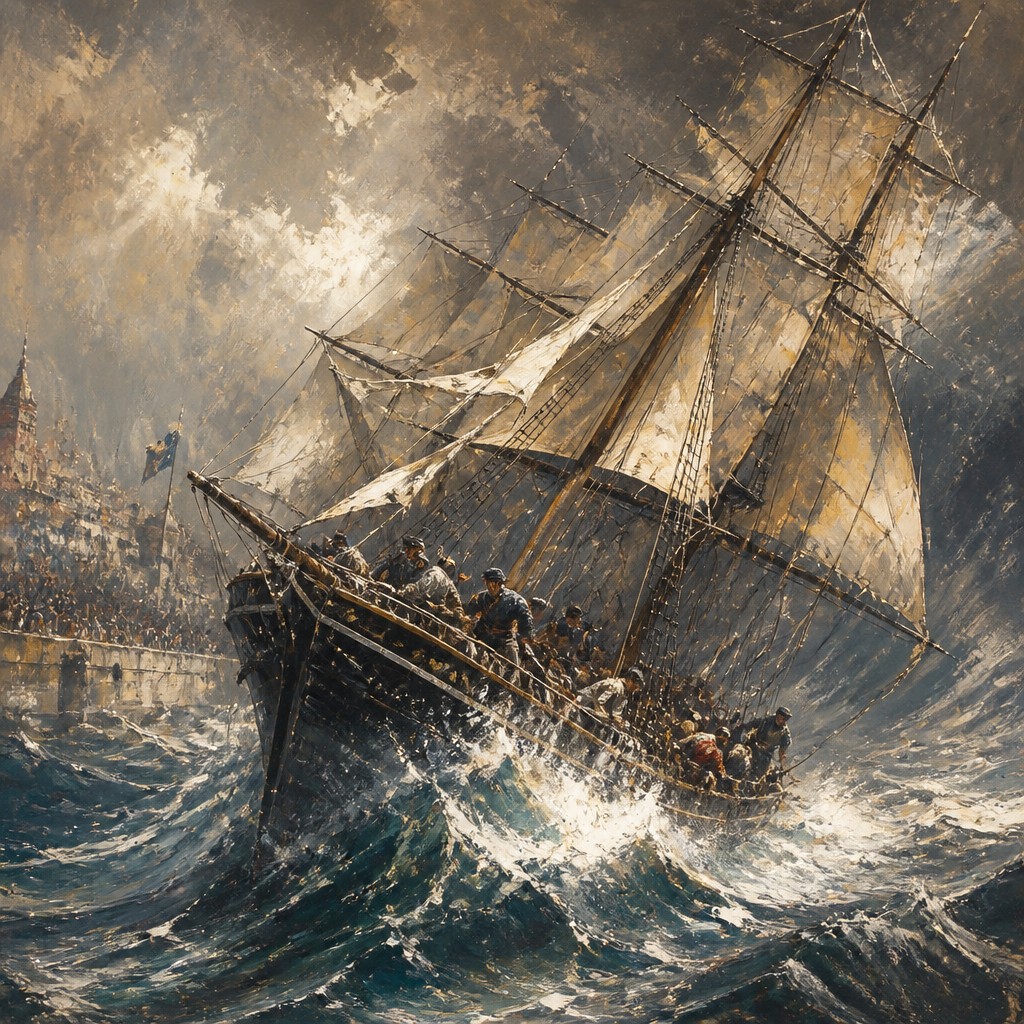 sailing ship on a stormy sea — Sporting Art Style