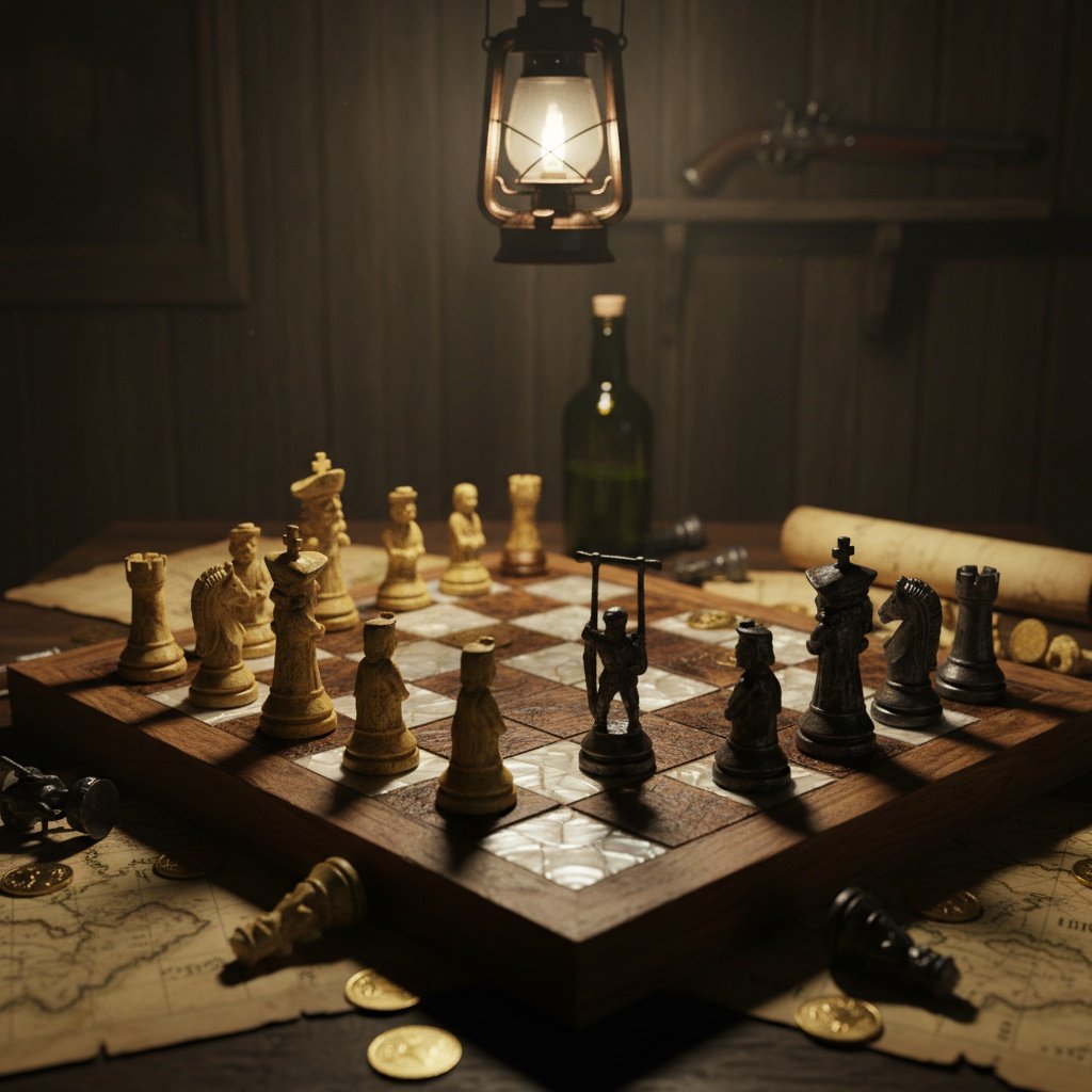 Cinematic Still Life Photography, Atmospheric Chiaroscuro Lighting, Macro Details. A high-stakes chess game mid-match, set upon a unique, well-worn board inside the dimly lit quarters of a pirate captain.
The Board: The chessboard isn't separate; the squares are carved directly into the surface of a thick, heavy oak table, stained with rum rings and knife marks. The light squares are inlaid, scratched mother-of-pearl, and the dark squares are burned wood.
The Pieces in Play: The unique pirate-themed pieces (from the previous design) are scattered across the board.
One side (The 'White' pieces): Carved from aged, yellowed whale bone. A "King Captain" piece is cornered behind a line of "Pawn Deckhands."
The other side (The 'Black' pieces): Cast from heavy, tarnished blackened iron. An iron "Knight Boarding Party" piece (on a rope swing) is aggressively positioned near the center.
The Atmosphere: The scene is lit dramatically by a single, smoky oil lantern hanging overhead, casting long shadows. Scattered around the board on the table are a few real gold doubloons mixed with captured pieces, a half-empty bottle of grog, and a rolled-up parchment chart. The background is dark wood paneling and a glimpse of a flintlock pistol. The focus is razor-sharp on the textures of the carved bone and corroded iron pieces.