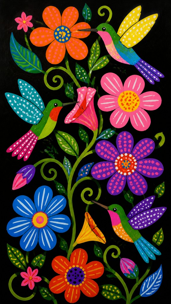 a climbing vine of flowers and hummingbirds on a dark background, tall wrapping composition, no text