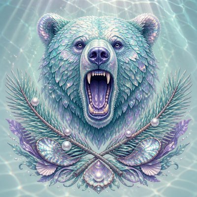 a roaring bear head above crossed pine branches, bold graphic composition on a plain background, no text