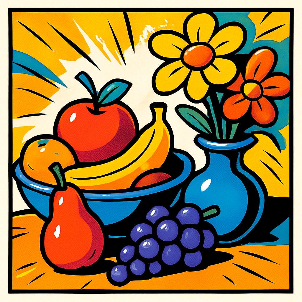 still life arrangement of fruits and flowers