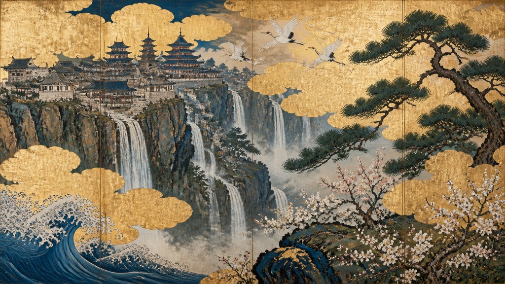 a cliffside city with waterfalls cascading into a misty canyon, wide establishing shot, no people, no text