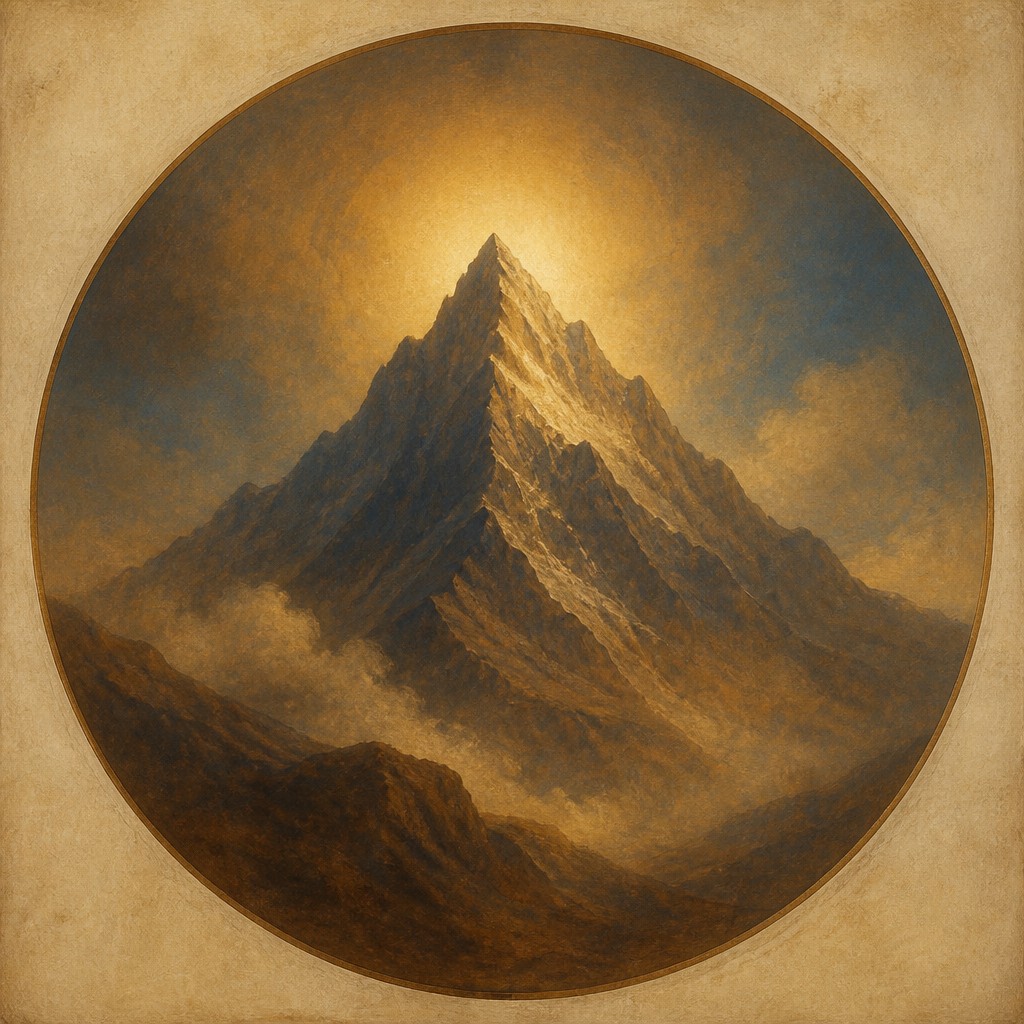 an emblem of a mountain peak inside a circle, simple bold shapes on a plain background, no text or lettering