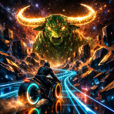 Neon-Futurism Digital Art Style, Bioluminescent Sci-Fi Cosmic Setting, Monolithic Scale. A perspective shot from behind the rider, looking toward a massive obstacle course in deep space.

The Rider & Bike Consistency: The lone motorcyclist—wearing the same sleek armored suit and helmet—is navigating the hubless "light-cycle" sportbike. The cyan and orange neon rings of the wheels reflect off the floating crystalline surfaces surrounding the road.

The Path (The Labyrinth): The glowing blue laser-grid highway enters a colossal asteroid field where the rocks are perfectly geometric, hovering like floating obsidian city blocks. The path winds through these monoliths, creating a "Cosmic Labyrinth."

The Taurus Presence: Standing at the center of this labyrinth, spanning across the highway, is the monumental form of the Celestial Bull. He is composed of dense, glowing emerald and earth-toned circuitry. His massive, forward-curving horns are made of solid, brilliant starlight and form a natural "archway" that the highway passes beneath.

The Atmosphere: The scene feels grounded and powerful. The deep greens and golds of the Taurus figure contrast with the dark, heavy shadows of the geometric asteroids.

Lighting: The "starlight horns" cast a warm, heavy glow downward onto the rider, illuminating the dust of crushed nebulae kicked up by the bike’s tires.