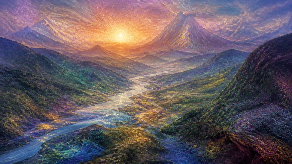 a vast valley with a river winding toward distant mountains at sunrise, no people, no text