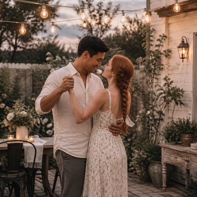 an original couple dancing under string lights in a garden at dusk: a man with short black hair in a linen shirt and a woman with braided red hair in a summer dress