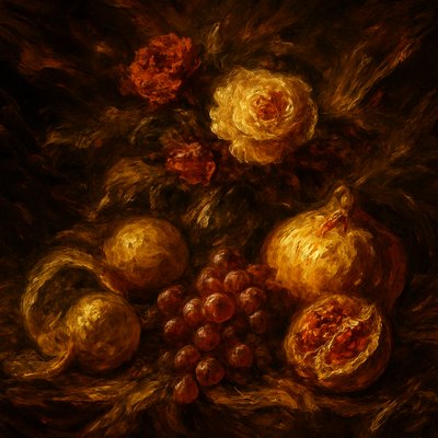 still life arrangement of fruits and flowers
