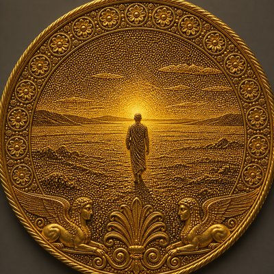 a solitary figure walking toward a glowing horizon across an empty plain, moody atmosphere, no text or lettering