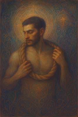 a painting of a man holding a rope