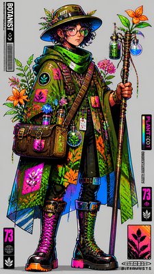 full-body original character: a wandering botanist with a satchel of plants, a patched green cloak, tall boots and round glasses, neutral background