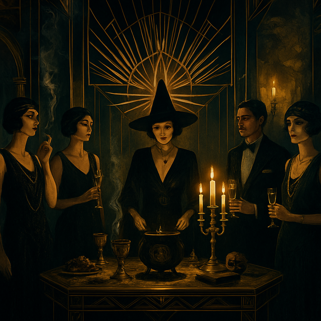A secret witches' party in 1920s Weimar Berlin. Opulent, crumbling ballroom, flickering gaslight, deep shadows. Flapper-era attendees in high fashion, subtle occult accessories. Decadent feast, champagne, cigarette smoke. A central antique table with mysterious ritual objects. Juxtaposition of extreme luxury and hidden magic. Cinematic realism, dark academia, chiaroscuro, rich jewel tones. Influenced by Babylon Berlin aesthetics.