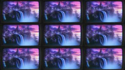 a cliffside city with waterfalls cascading into a misty canyon, wide establishing shot, no people, no text