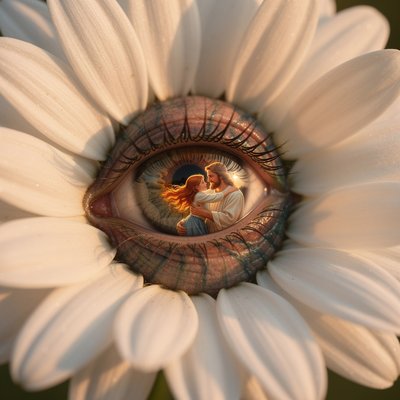 A close up of an eye. Around the eye are daisy petals - as if the eye is the center of the daisy. In the pupil a picture of Jesus swinging a little girl with long red hair, her arms around His neck, close-up view, macro perspective, joyful mood, golden hour color palette, god rays lighting, rule of thirds composition, masterpiece, best quality, ultra detailed, sharp focus, highly detailed