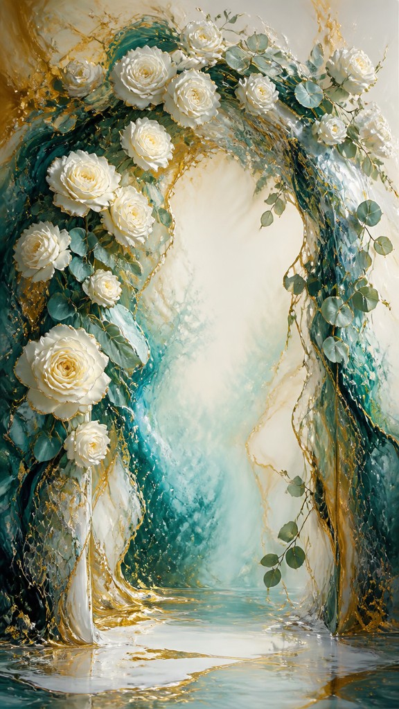 an arch of white roses and eucalyptus in soft morning light, elegant vertical composition with open space, no text