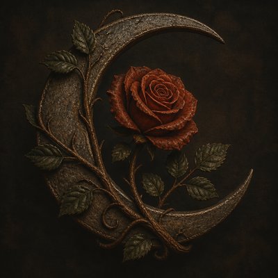 a rose entwined with a crescent moon, clean balanced composition on a plain background, no text
